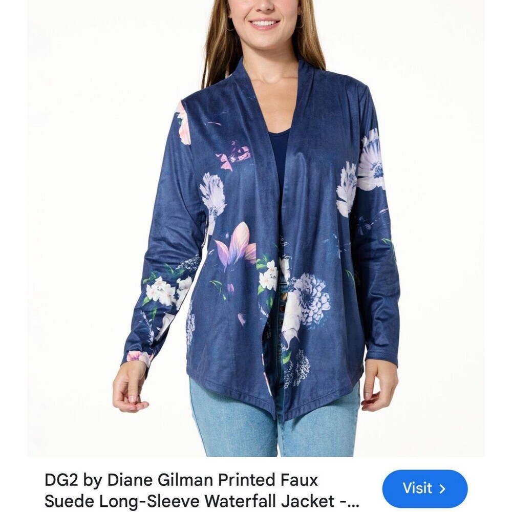 DG2 Diane Gilman Printed Faux Suede Long Slv Waterfall Jacket Blue Large WORK